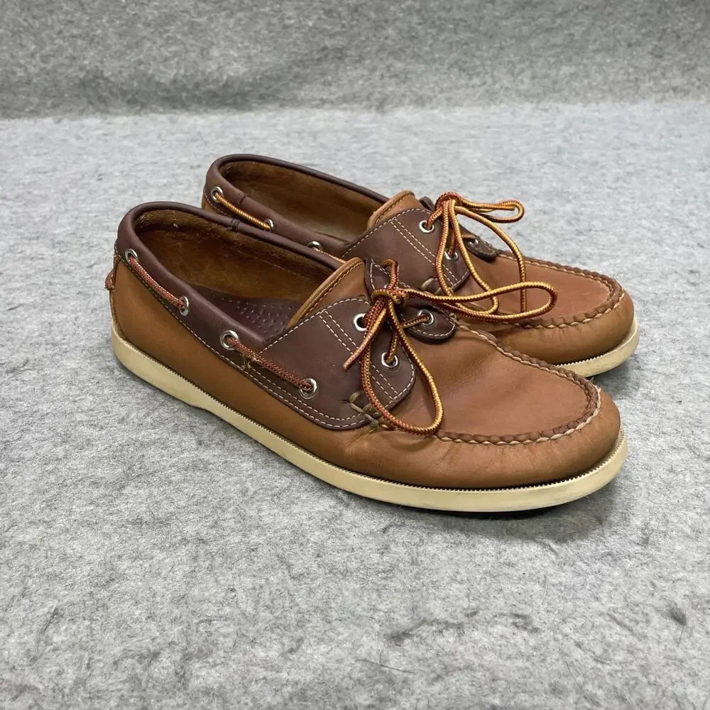 LL Bean Mens 8 D Brown Leather Boat Shoes Moc Toe Lace Up Casual